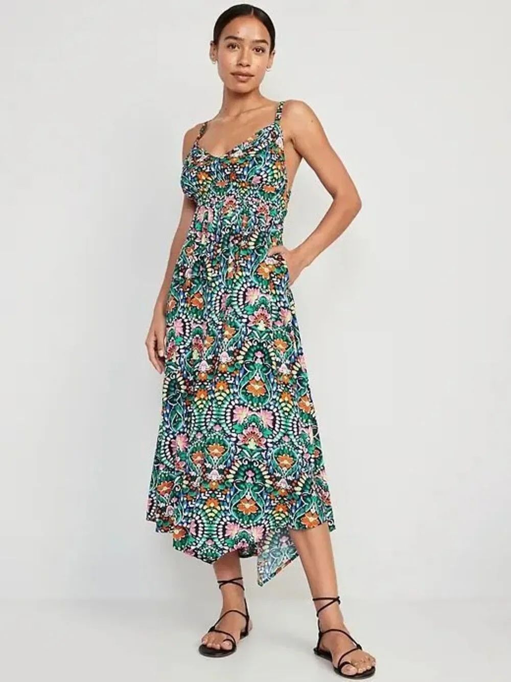 Old Navy Waist Defined Open Back Maxi Dress Pockets Tile Blue Print Size M